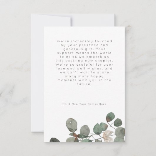 Minimale Roest Groene Eucalyptus Krans Foto Huweli Bedankkaart (Achterkant)