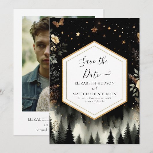 Minimale romantische betoverde bos bruiloft save the date (Voorkant / Achterkant)