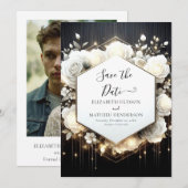 Minimale romantische witte rozen bruiloft save the date (Voorkant / Achterkant)