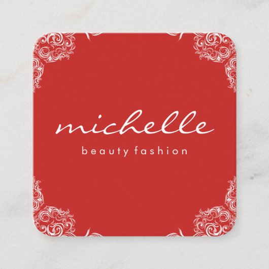 Minimale Rood met Cursieve Tekst Fancy Hoeken Vierkante Visitekaartje (Voorkant)