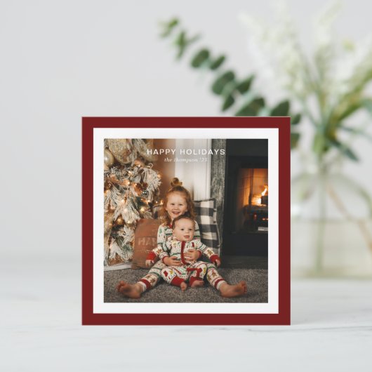 Minimale Rood Vet Vierkant Rand 1 Foto Kerstmis Feestdagenkaart (Staand voorkant)