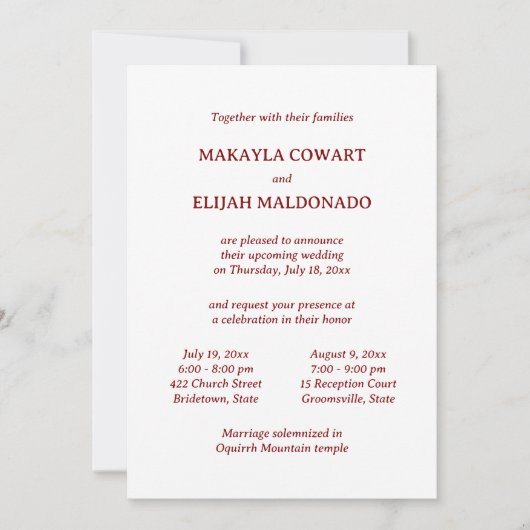 Minimale rood/witte tempel bruiloft twee receptie kaart (Voorkant)