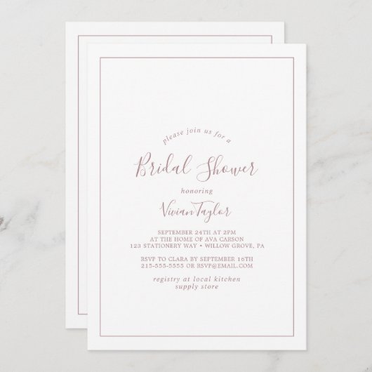 Minimale Roos Gold Bridal Shower-uitnodiging Kaart (Voorkant / Achterkant)