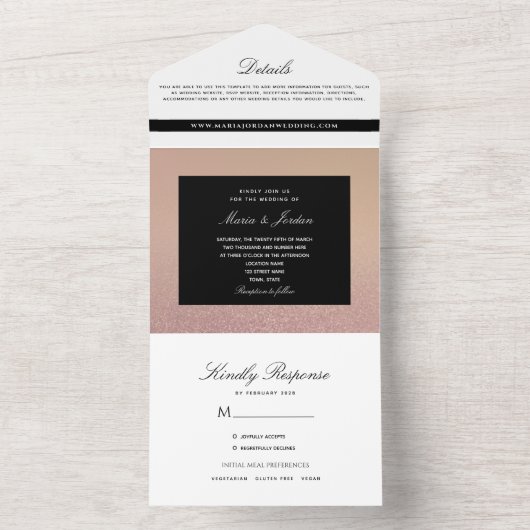Minimale Roos Gold- en zwarte bruiloft All In One Uitnodiging (Binnen)
