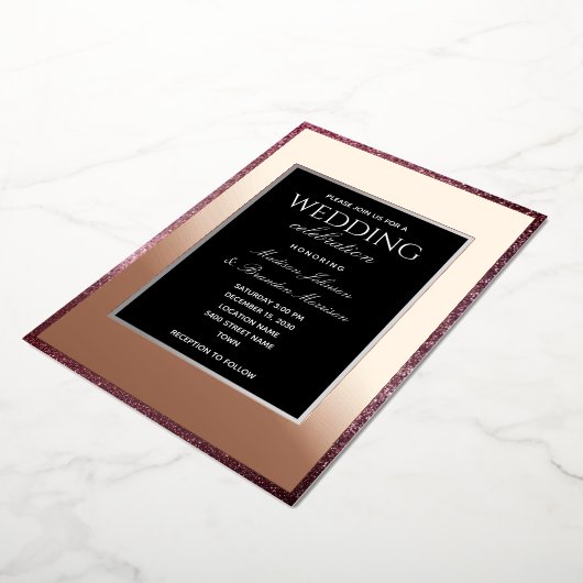 Minimale Roos Gold- en zwarte bruiloft Folie Uitnodiging (Gedraaid)