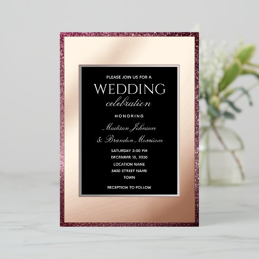 Minimale Roos Gold- en zwarte bruiloft Folie Uitnodiging (Staand Voorkant)