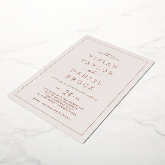 Minimale Roos Gold Foil | Blush Bold Names Weddens Folie Uitnodiging (Gedraaid)