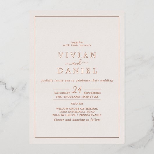 Minimale Roos Gold Foil | Blush Photo Back Wedding Folie Uitnodiging (Voorkant)