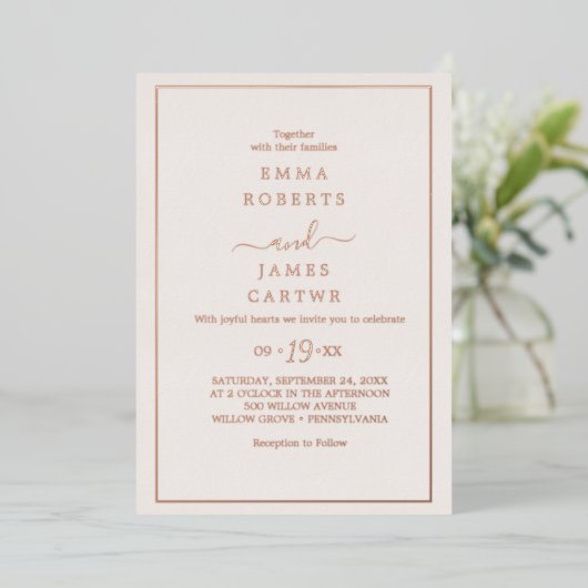 Minimale Roos Gold Foil | Blush Photo Back Wedding Folie Uitnodiging (Staand Voorkant)