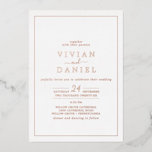 Minimale Roos Gold Foil met vervaldatum bruiloft Folie Uitnodiging (Voorkant)