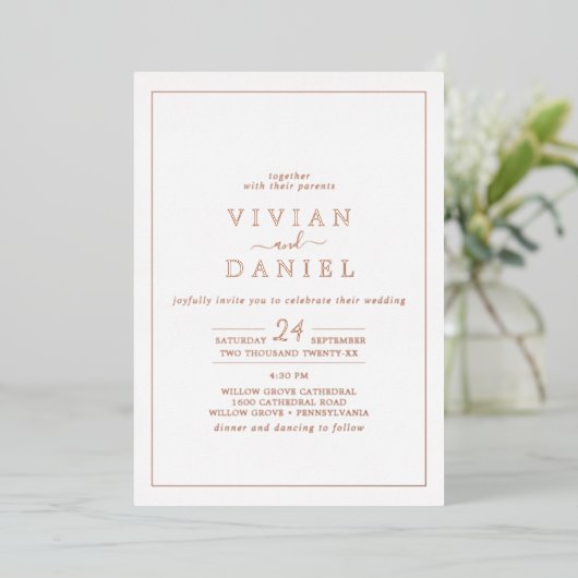 Minimale Roos Gold Foil met vervaldatum bruiloft Folie Uitnodiging (Staand Voorkant)
