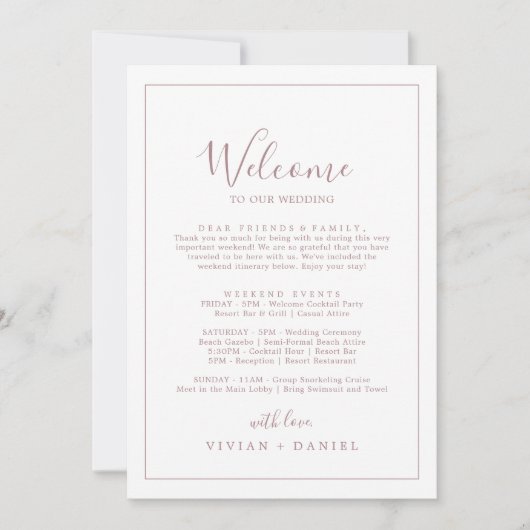 Minimale Roos Gold Welkomstbrief Reisroute en Kaar (Voorkant)