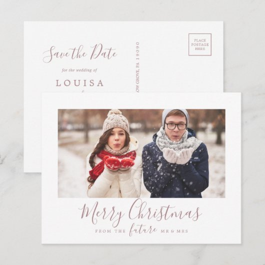 Minimale Roos Prettig Kerstmis Bewaar de Datum Fot Feestdagenkaart (Voorkant / Achterkant)