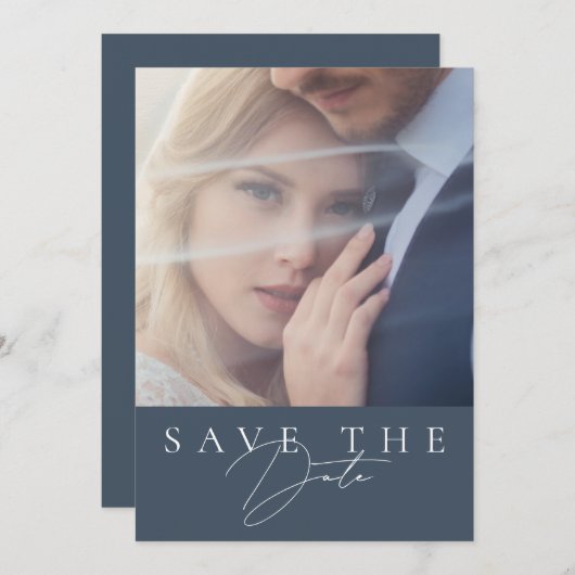 Minimale Royal Blue Opulence Script Foto Bruiloft Save The Date (Voorkant / Achterkant)