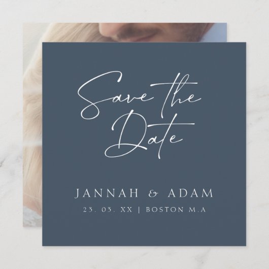 Minimale Royal Blue Opulence Script Foto Bruiloft Save The Date (Voorkant / Achterkant)