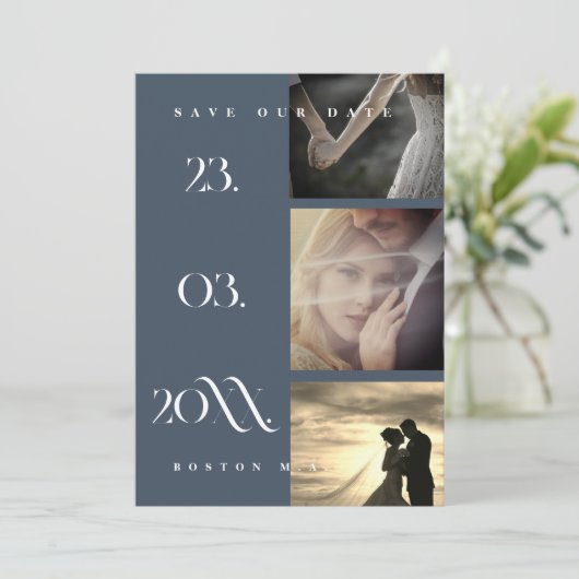 Minimale Royal Blue Opulence Script Foto Bruiloft Save The Date (Staand voorkant)