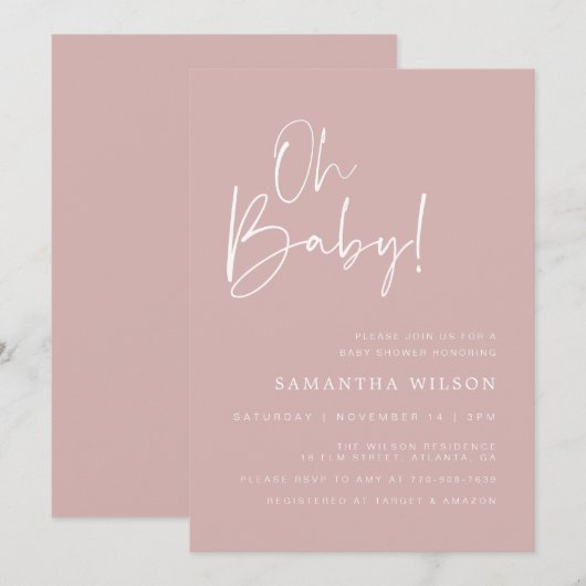 Minimale roze Baby shower uitnodiging (Voorkant / Achterkant)