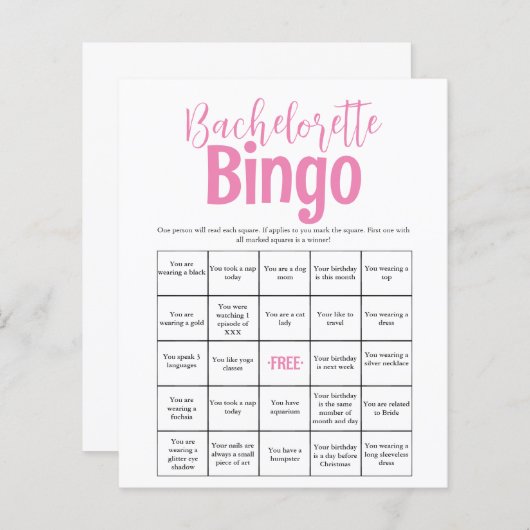 Minimale roze bachelorette bingogame (Voorkant / Achterkant)