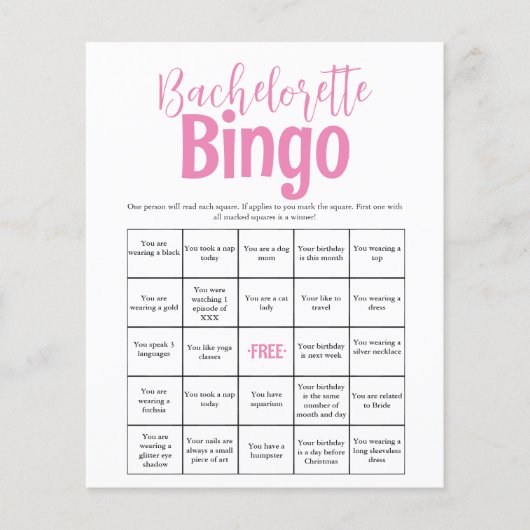 Minimale roze bachelorette bingogame (Voorkant)