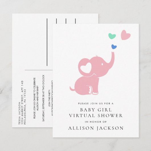 Minimale roze ellephant Baby Girl Virtual Shower Uitnodiging Briefkaart (Voorkant / Achterkant)