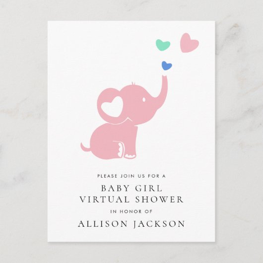 Minimale roze ellephant Baby Girl Virtual Shower Uitnodiging Briefkaart (Voorkant)