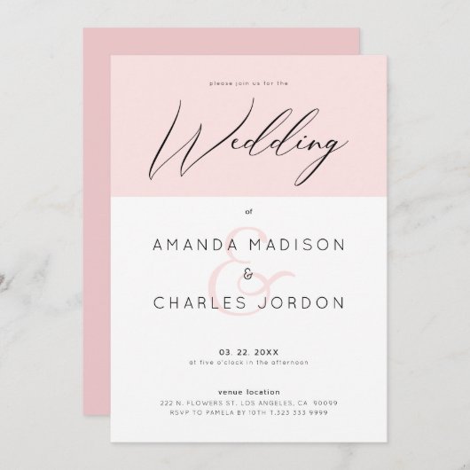 Minimale roze en witte en bruiloftstypografie kaart (Voorkant / Achterkant)