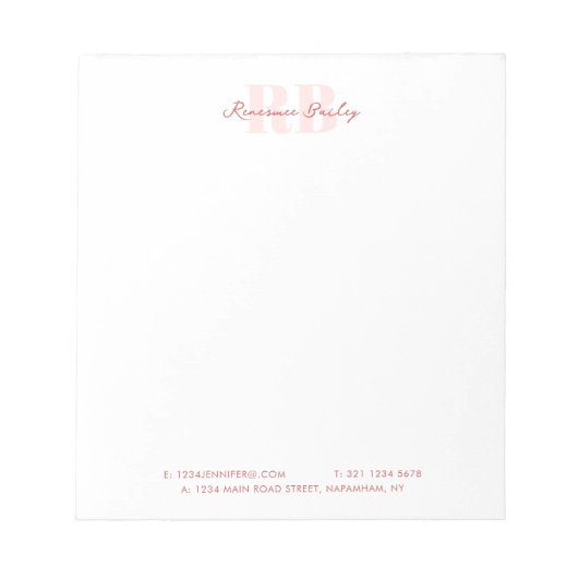 Minimale roze en witte monogram Business Notitieblok (Voorkant)