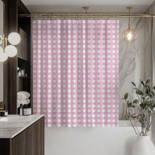 Minimale roze geruite gordijn moderne badstijl