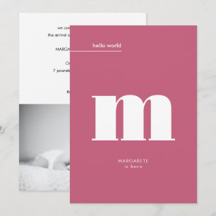 Minimale roze grote monogram foto Baby geboorte Aankondiging