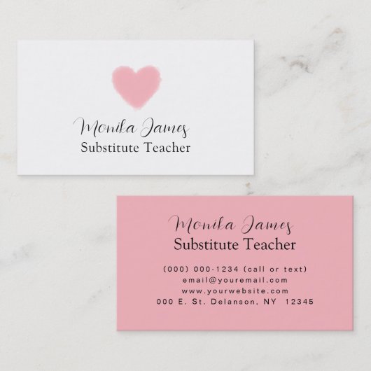 Minimale roze hart substituut leraar visitekaartje (Voorkant / Achterkant)