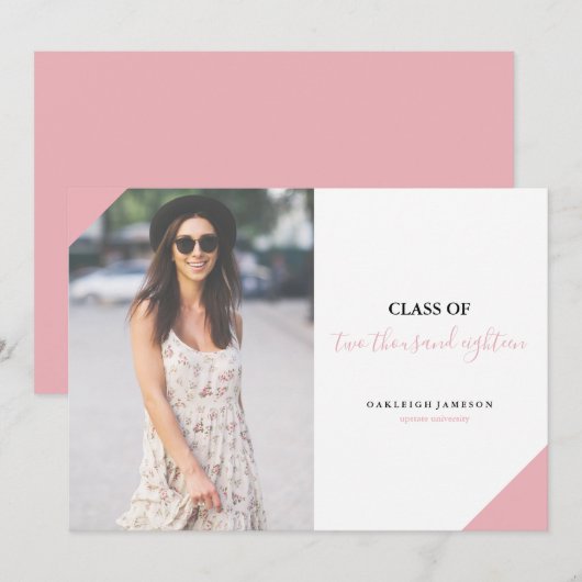 Minimale roze kalligrafie Afstudeerder Fotoaankond Aankondiging (Voorkant / Achterkant)