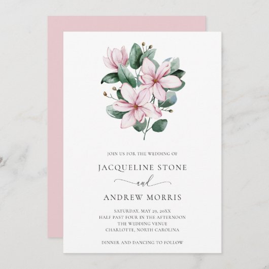 Minimale roze Magnolia bloemenelegante bruiloft Kaart (Voorkant / Achterkant)