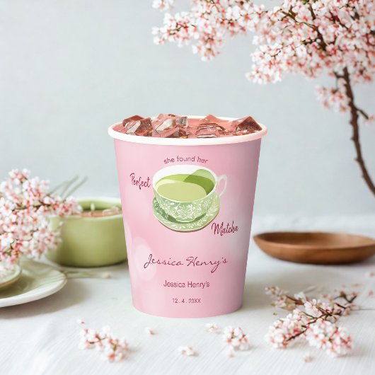 Minimale Roze Matcha Bruiloftsfeest met Kersenbloe Papieren Bekers