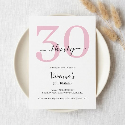 Minimale Roze Roze Script 30e Verjaardagsfeestje Kaart