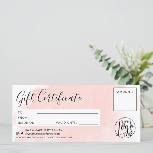 Minimale roze waterverf cadeaubonnen logo (Staand voorkant)