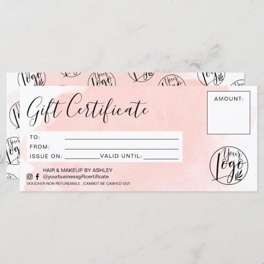 Minimale roze waterverf cadeaubonnen logo (Voorkant / Achterkant)