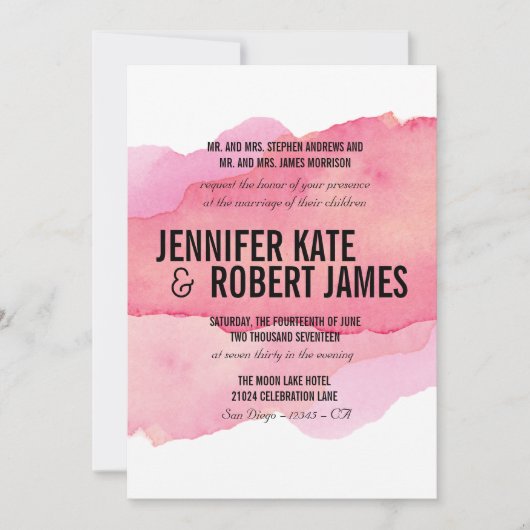 Minimale roze waterverf ZWART WEDING Kaart (Voorkant)
