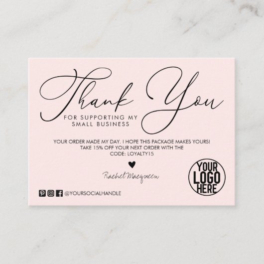 Minimale roze zwarte Script Klant Hartelijk dank Visitekaartje (Voorkant)