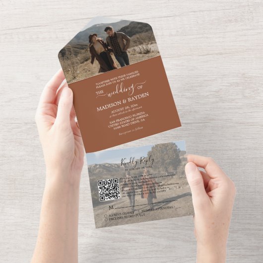 Minimale RSVP-bruiloft met Terracotta QR-code All In One Uitnodiging (Afscheurbaar)