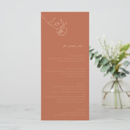 Minimale Rust Peach Fine Art Bloemenbruiloft Menu (Staand voorkant)