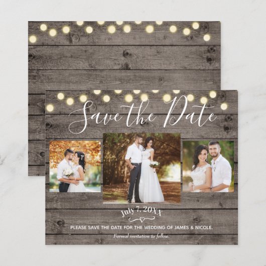 Minimale Rustic Wood & Lichten Foto opslaan Datum (Voorkant / Achterkant)