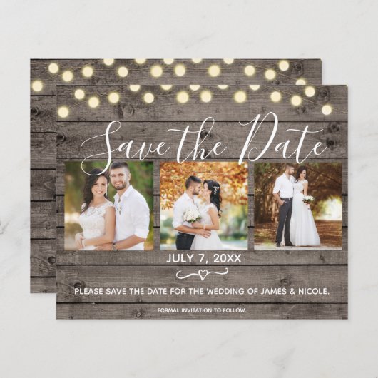 Minimale Rustic Wood & Lichten Foto opslaan Datum (Voorkant / Achterkant)