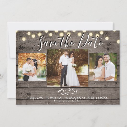 Minimale Rustic Wood & Lichten Foto opslaan Datum Kaart (Voorkant)