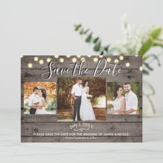 Minimale Rustic Wood & Lichten Foto opslaan Datum Kaart (Staand voorkant)