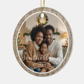 Minimale rustieke boerderijburlap gepersonaliseerd keramisch ornament (Links)