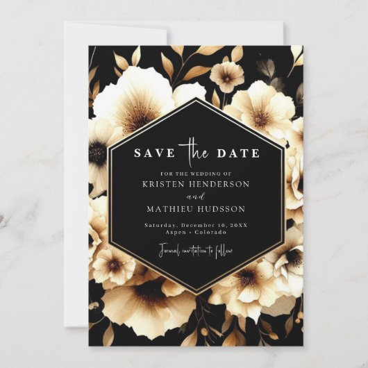 Minimale rustieke gouden en zwarte bruiloft save the date (Voorkant)
