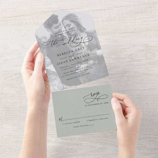 Minimale Rustieke Saliegroene Trouwfoto All In One Uitnodiging (Afscheurbaar)