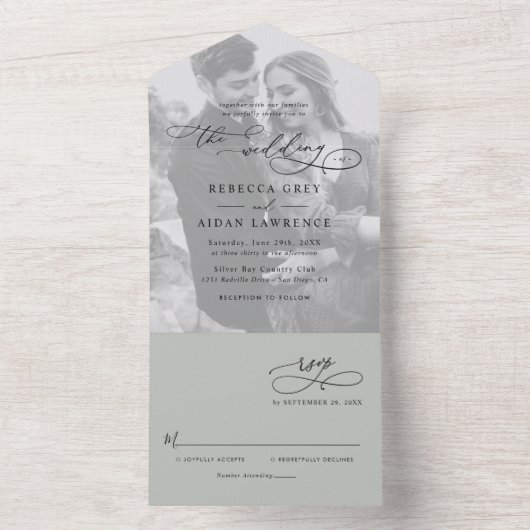 Minimale Rustieke Saliegroene Trouwfoto All In One Uitnodiging (Binnen)