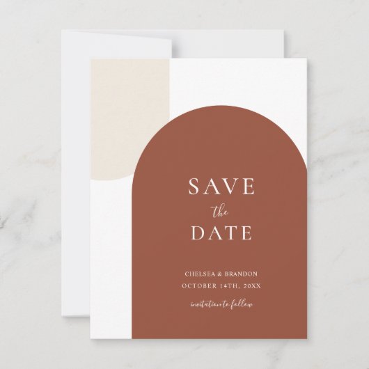 Minimale Rustieke Terracotta Boho Boog Script Trou Save The Date (Voorkant)