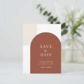 Minimale Rustieke Terracotta Boho Boog Script Trou Save The Date (Staand voorkant)